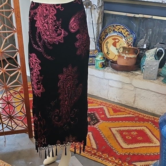 Gorgeous Boho MSK Silk Rayon Skirt Burgundy Velvet Black Beaded Tassels Size S - Picture 1 of 11